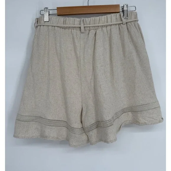 Marissa Olivia Oatmeal Linen Blend Crochet Lace Trim Tassel Shorts Sz L NEW - Picture 4 of 13